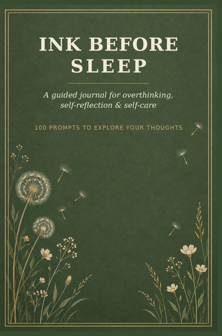 Ink Before Sleep guided journal for overthinking, paperback cover: cream title on deep green with gold dandelions and wildflowers